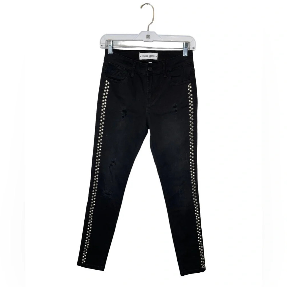 Etienne Marcel Black Wash Distressed Studded Skinny Jeans Size 25